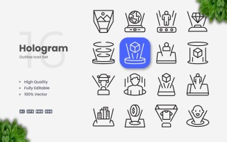 16 Hologram Outline Icon Set