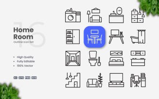 16 Home Room Outline Icon Set