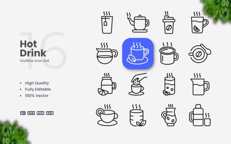 16 Hot Drink Outline Icon Set