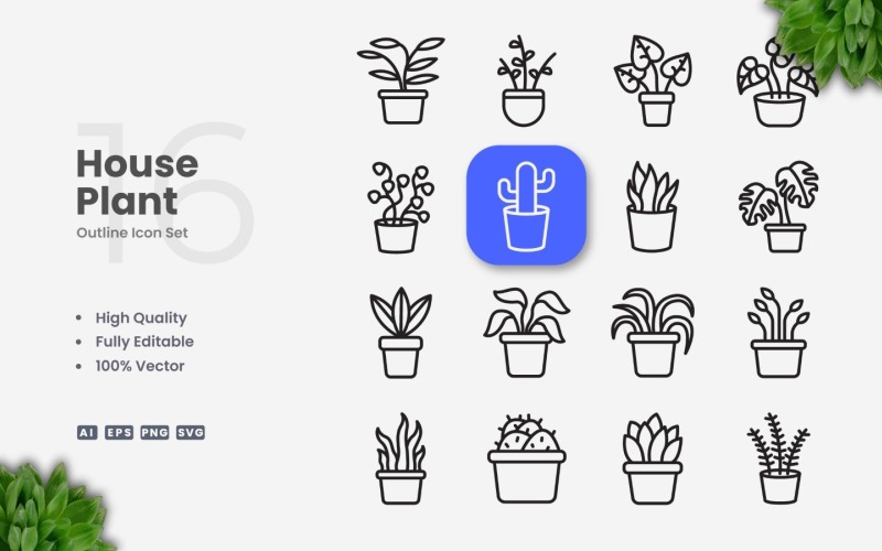 16 House Plant Outline Icon Set