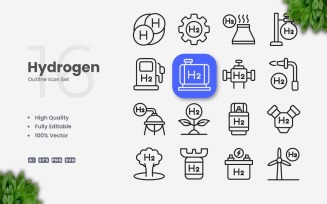 16 Hydrogen Outline Icon Set