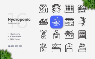 16 Hydroponic Outline Icon Set