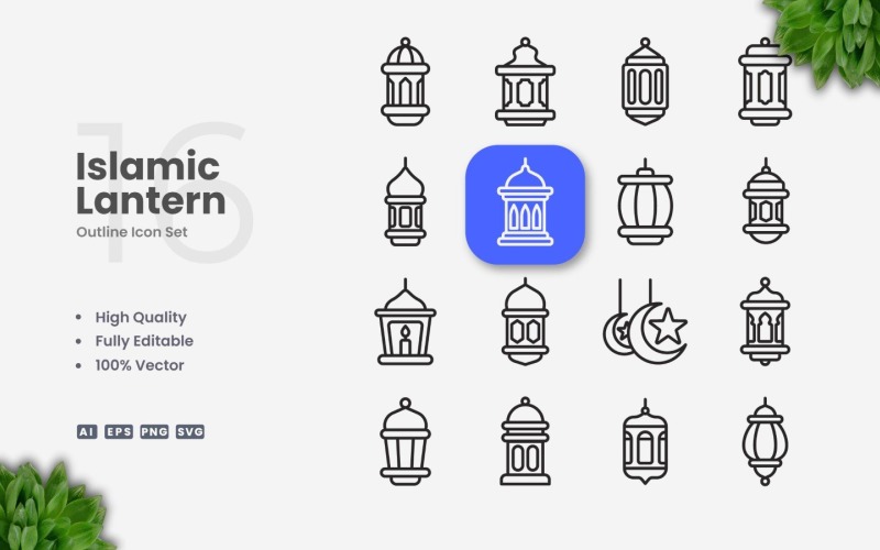 16 Islamic Lantern Outline Icon Set