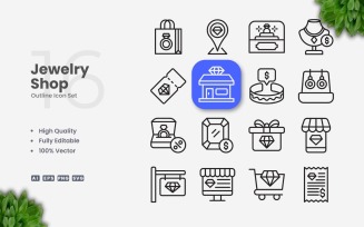 16 Jewelry Shop Outline Icon Set
