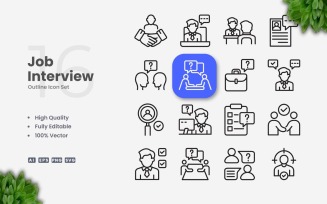 16 Job Interview Outline Icon Set
