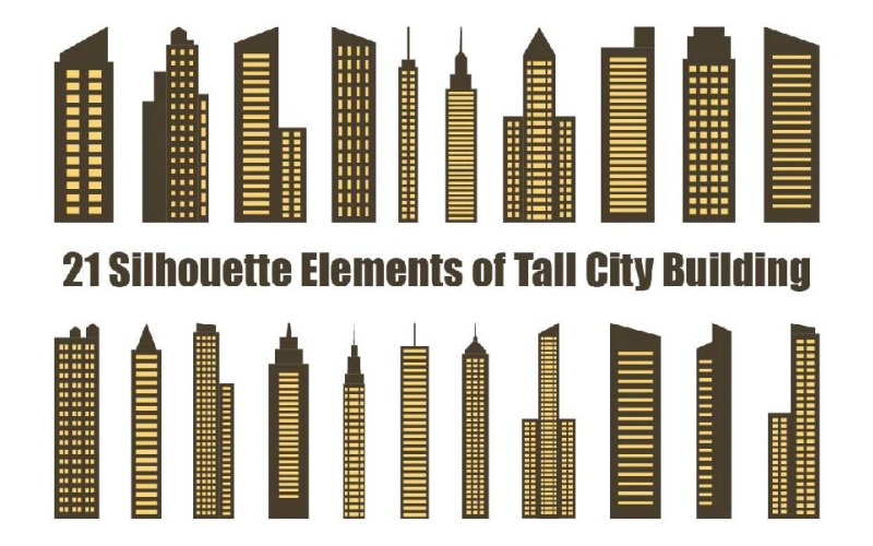 21 Silhouette Elements of Tall City Building Illustration