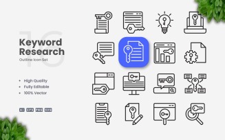 16 Keyword Research Outline Icon Set