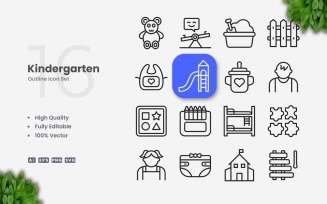 16 Kindergarten Outline Icon Set