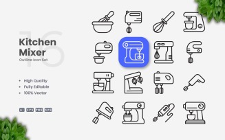 16 Kitchen Mixer Outline Icon Set