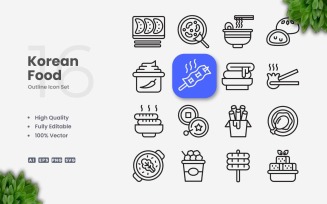 16 Korean Food Outline Icon Set