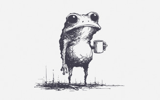 Sarcastic Frog with Coffee Cup PNG, Funny Animal Design, Vintage Frog Art, Quirky Amphibian
