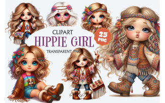 Stylish cartoon hippie girl. Clipart, PNG.