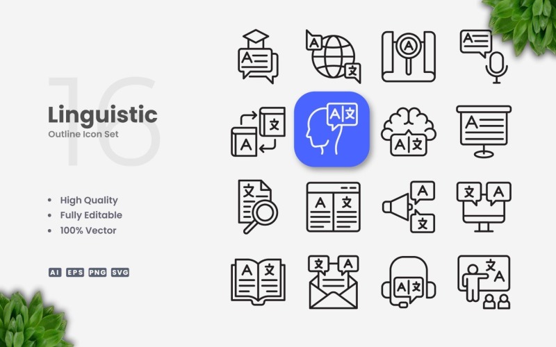 16 Linguistic Outline Icon Set