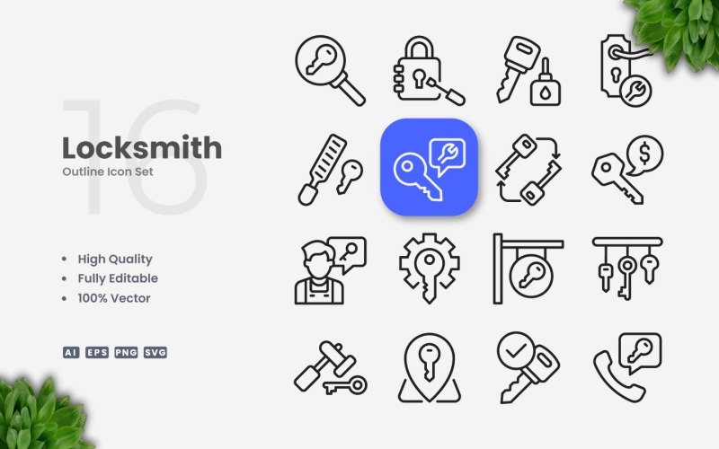 16 Locksmith Outline Icon Set