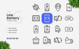 16 Low Battery Outline Icon Set
