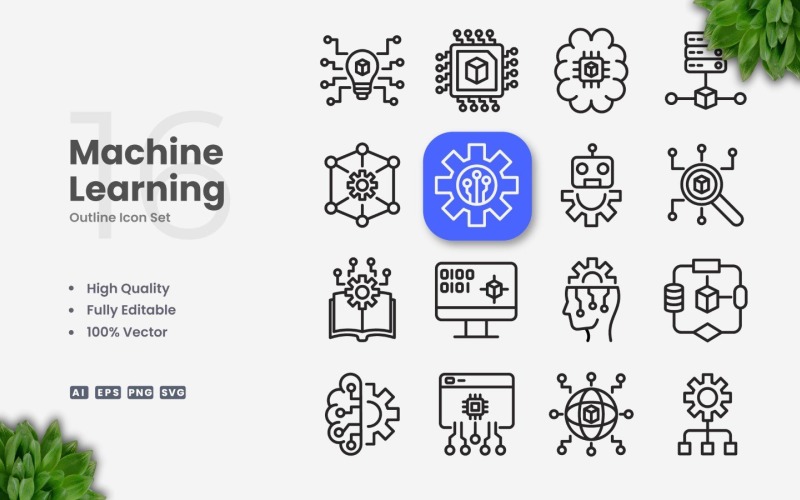 16 Machine Learning Outline Icon Set