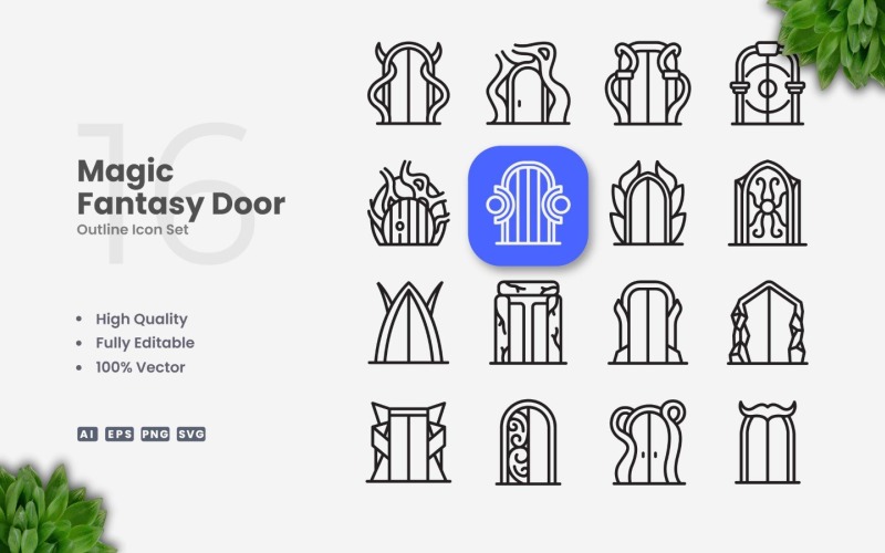 16 Magic Fantasy Door Outline Icon Set