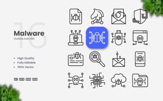 16 Malware Outline Icon Set
