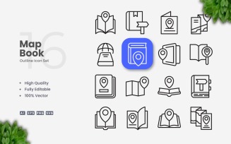 16 Map Book Outline Icon Set