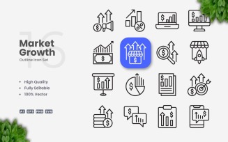 16 Market Growth Outline Icon Set