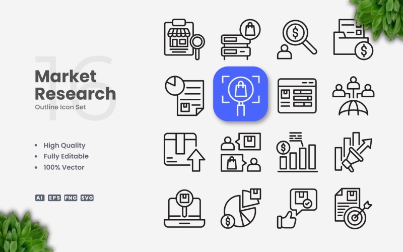 16 Market Research Outline Icon Set