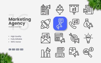 16 Marketing Agency Outline Icon Set