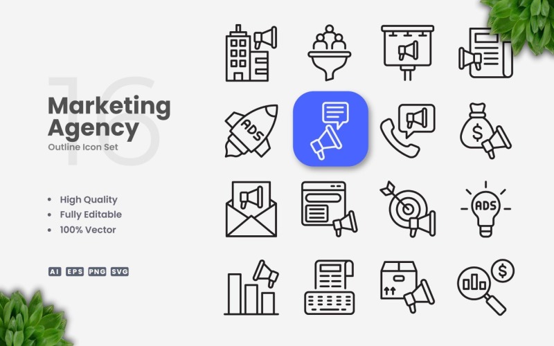 16 Marketing Agency Outline Icon Set