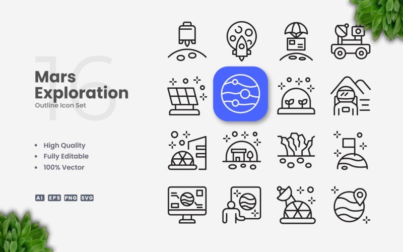 16 Mars Exploration Outline Icon Set
