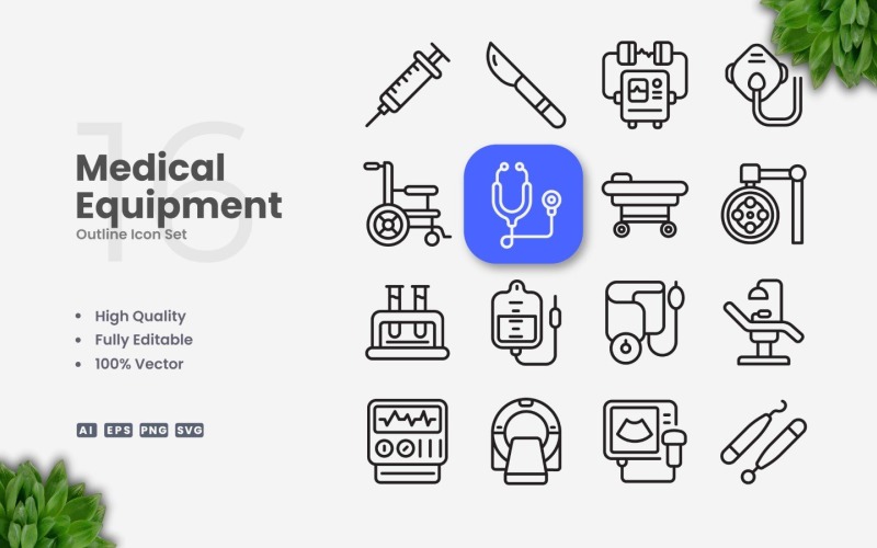 16 Medical Equipment Outline Icon Set