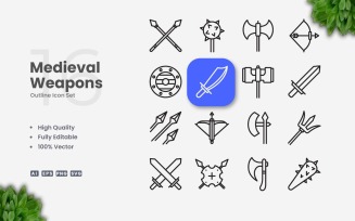 16 Medieval Weapon Outline Icon Set