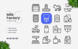 16 Milk Factory Outline Icon Set