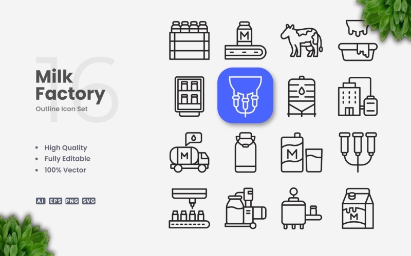 16 Milk Factory Outline Icon Set