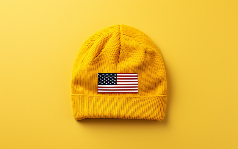 American flag yellow crochet beanie, Usa beanie design, blank american beanie mockup Background