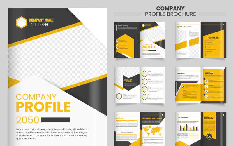 Company profile brochure design showcasing various sections and graphics in modern layout, Illustration