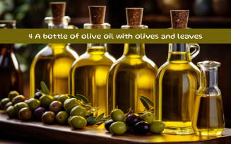 A bottle of olive oil with olives and leaves