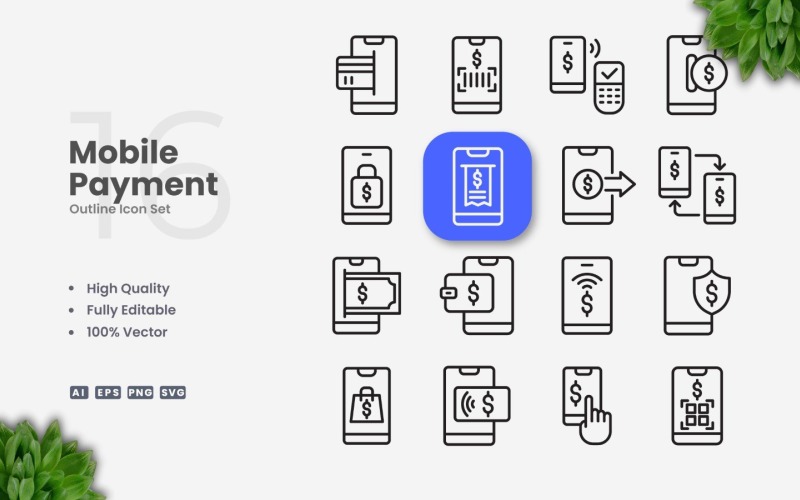 16 Mobile Payment Outline Icon Set