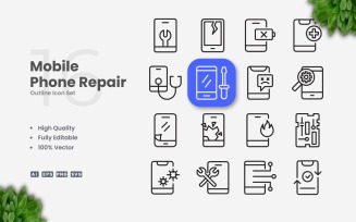 16 Mobile Phone Repair Outline Icon Set