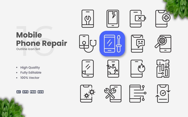 16 Mobile Phone Repair Outline Icon Set