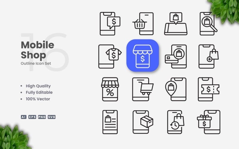 ﻿16 Mobile Shop Outline Icon Set