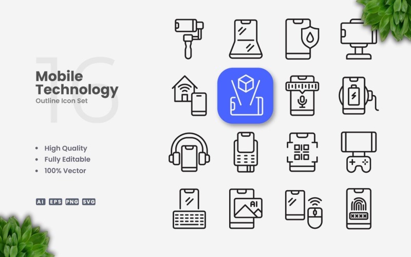 16 Mobile Technology Outline Icon Set