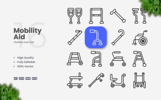 16 Mobility Aid Outline Icon Set
