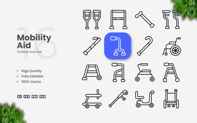 16 Mobility Aid Outline Icon Set