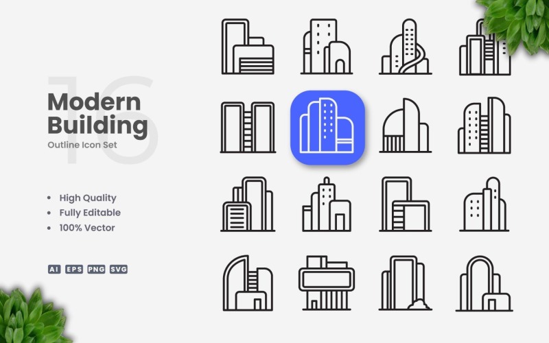 16 Modern Building Outline Icon Set