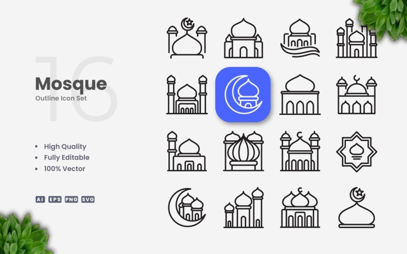 16 Mosque Outline Icon Set