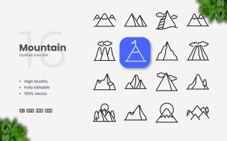 16 Mountain Outline Icon Set