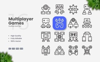 16 Multiplayer Games Outline Icon Set