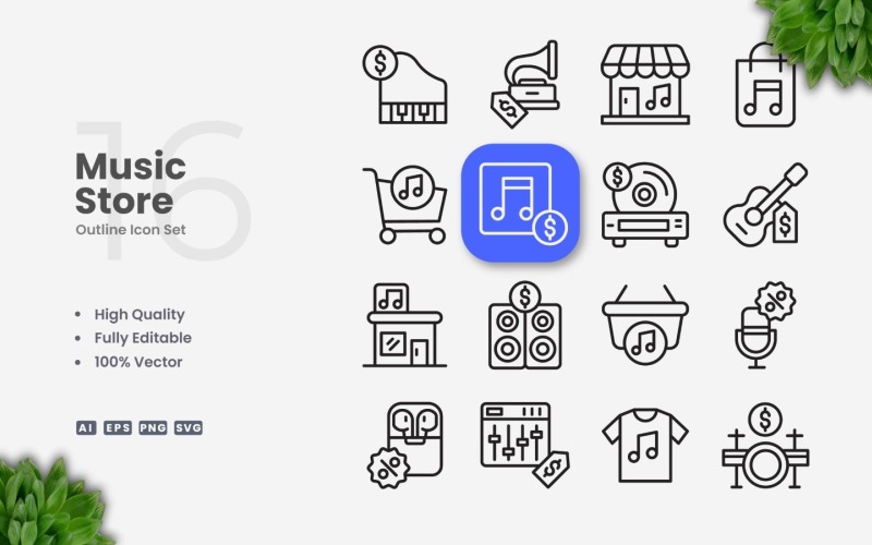 16 Music Store Outline Icon Set