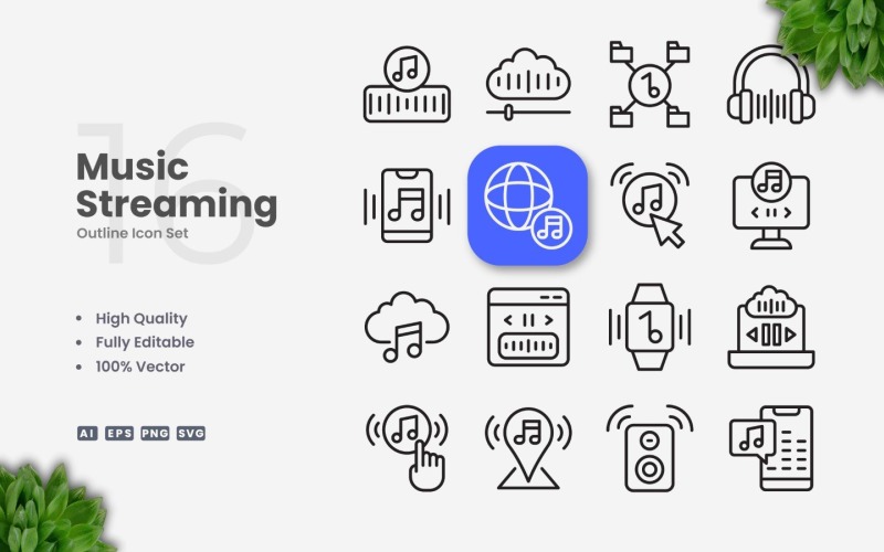 16 Music Streaming Outline Icon Set