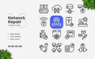 16 Network Repair Outline Icon Set