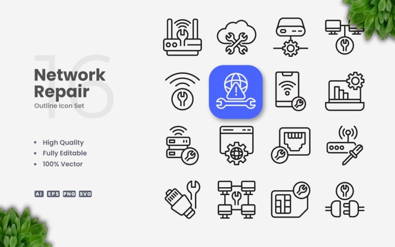 16 Network Repair Outline Icon Set